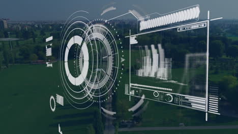 futuristic hud overlay floating over urban park view, showing circular gauges and data panels