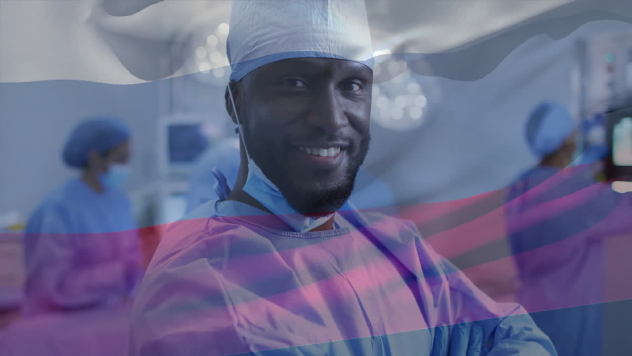 Animace vlajky Ruska nad afroamerickým chirurgem v nemocnici