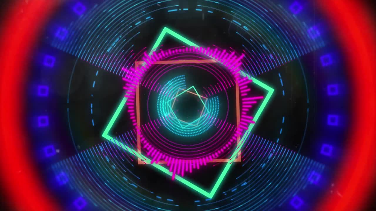 animación de formas de neón que se mueven sobre el escaneo del alcance.