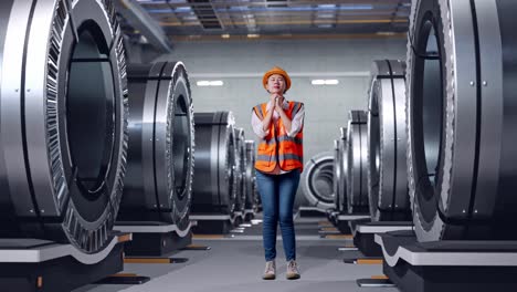 cuerpo lleno de ingeniera asiática con casco de seguridad rezar por algo mientras estaba de pie en la fábrica de metal