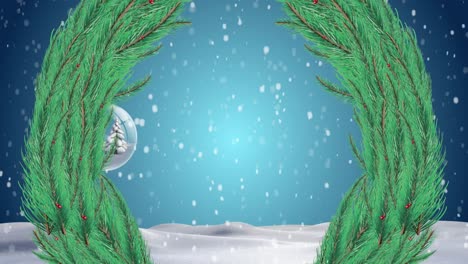 Weihnachtskranz-Gegen-Hängende-Christbaumkugeldekorationen-Gegen-Schnee,-Der-über-Winterlandschaft-Fällt