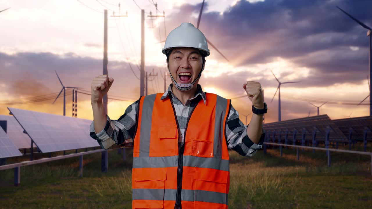 Asian Male Engineer With Safety Helmet Screaming Goal Celebrating Working With Solar Panel and Wind Turbines