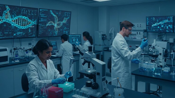 Innovative Research in Biology and Genetics: Scientists Conducting Experiments in a Modern Laboratory with Advanced Technology and Digital Displays