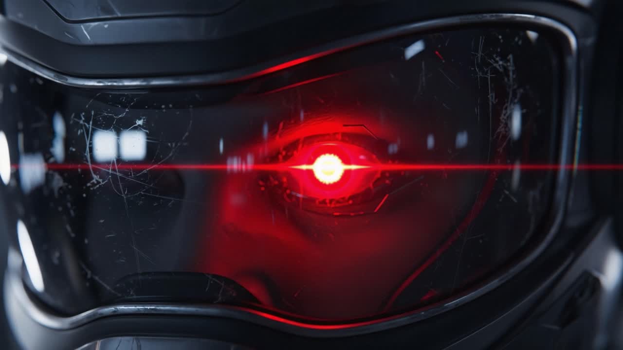 Close-up of an Advanced Cybernetic Helmet Featuring a Prominent Red Optical Sensor, Amidst Scratched Glass and Futuristic Design Elements