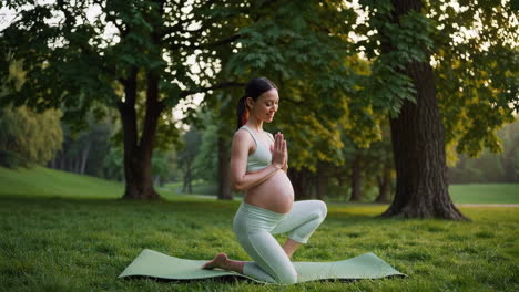 mujer embarazada practicando yoga en un parque