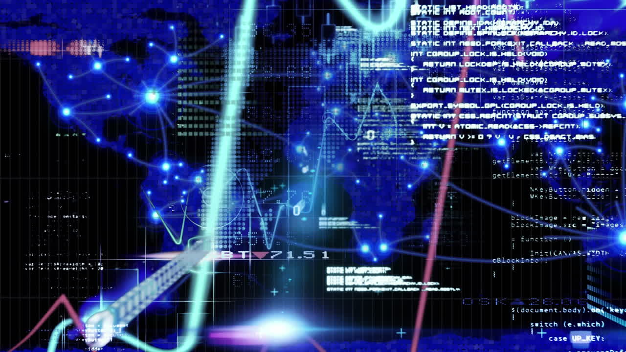 Digital animation of graphs moving and data processing against world map on black background