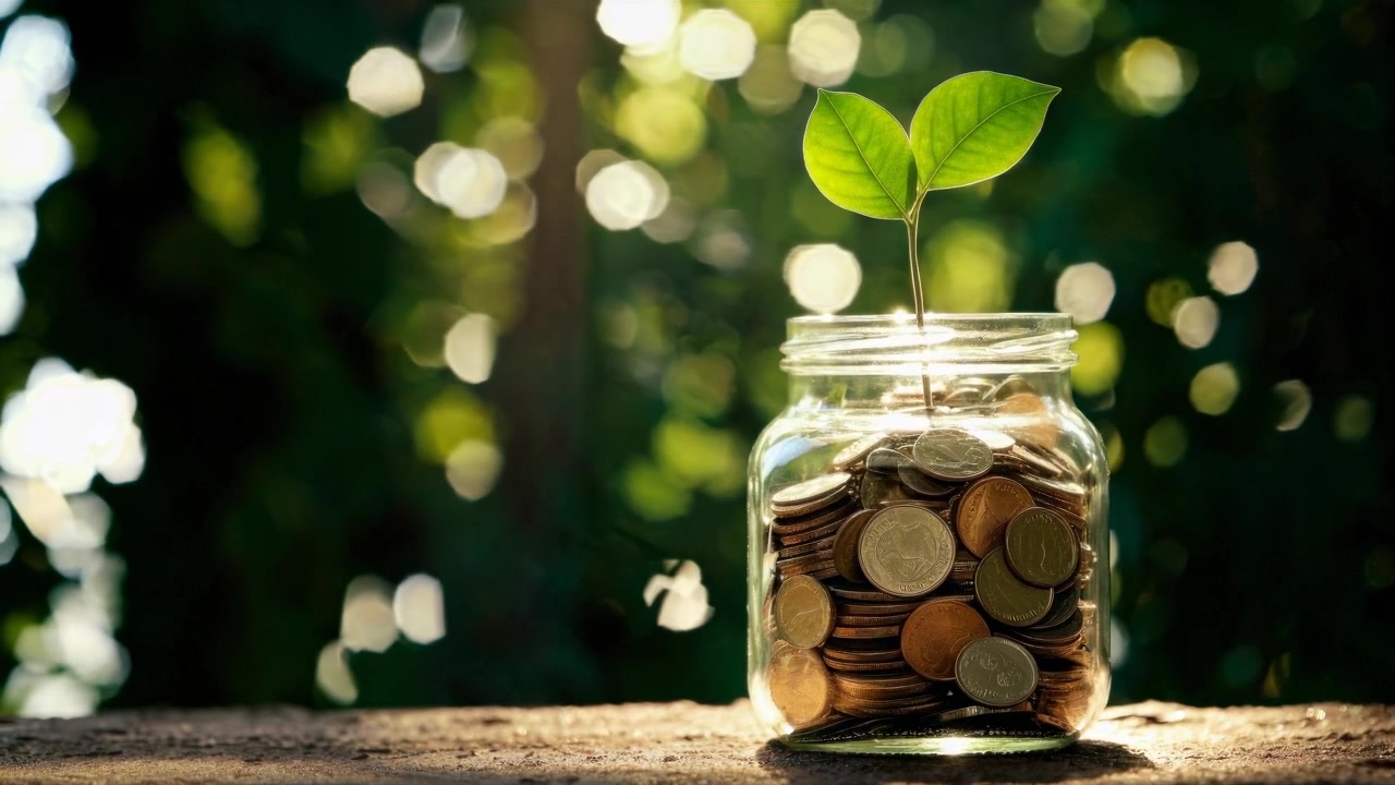 Small Plant Growing Out of a Glass Jar Filled With Coins