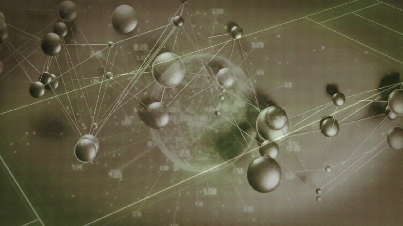 Metallic node cluster drifting in view starting 3D network visualization with pulsating spheres