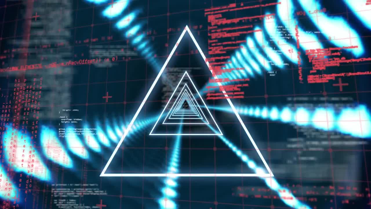 검은색 배경에 데이터 처리를 통해 네온 삼각형과 반점의 애니메이션