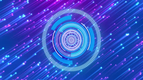 rotating blue and purple digital interface animation over dynamic light streaks background