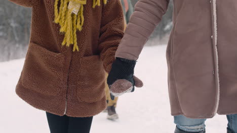 camera focuses on mother and daughter holding hands as they walk in a snowy forest