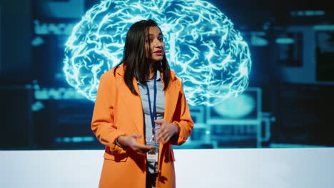 woman uses microphone to talk at ai convention with business investors