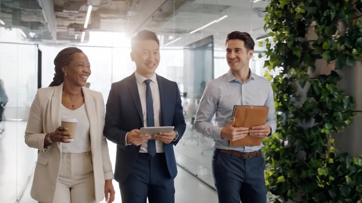 Dynamic Business Interaction: A Group of Professionals Engaging in Collaborative Discussion While Walking Through a Modern Office Environment