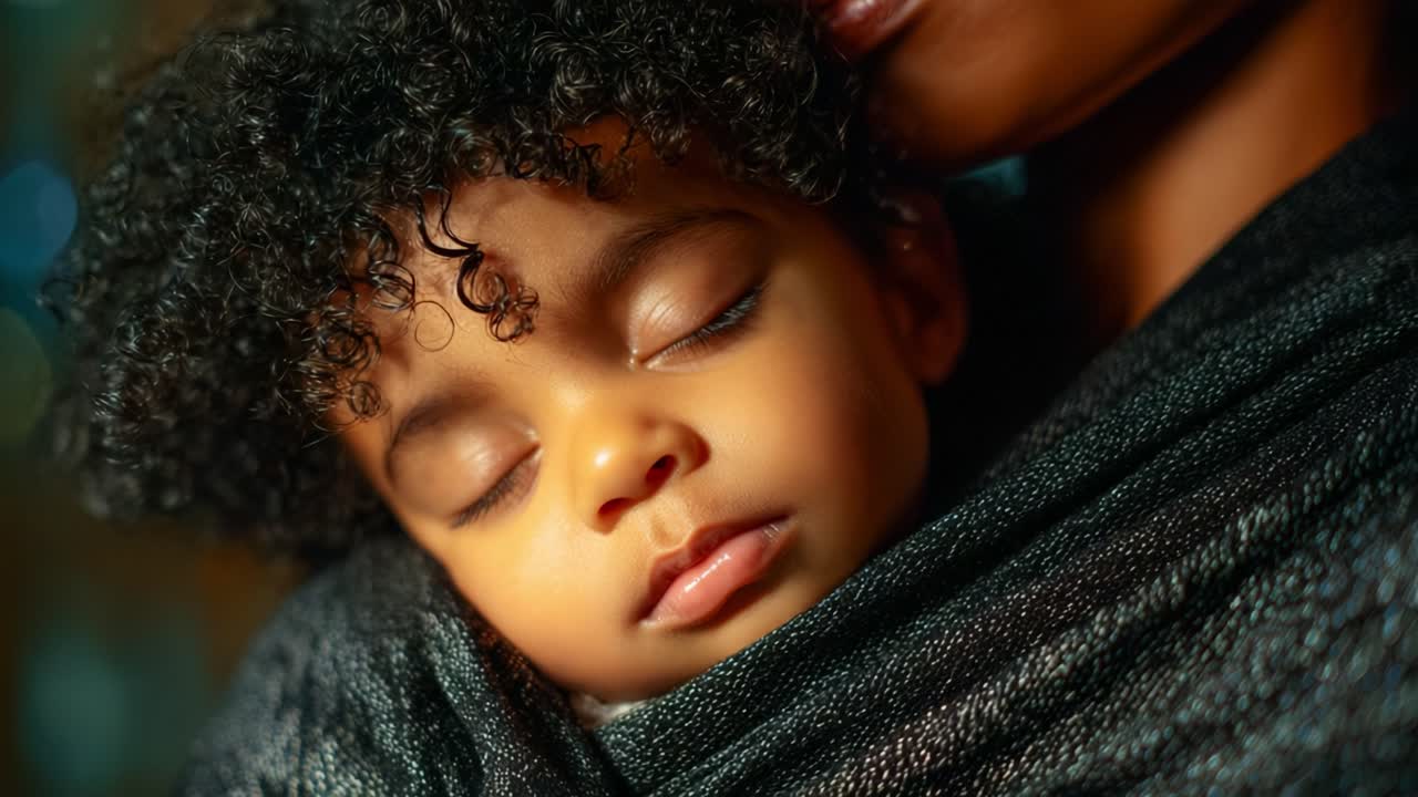 Un momento toccante: un bambino sereno dorme avvolto in un caldo abbraccio, che mostra tenerezza e amore in un ambiente morbido e accogliente, catturato con dettagli ed emozioni straordinari