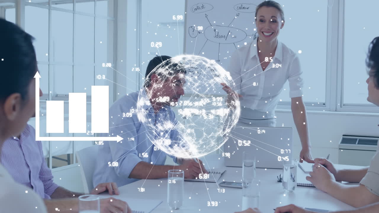 백그라운드에서 비즈니스 회의에 대한 데이터 처리와 함께 지구의 애니메이션