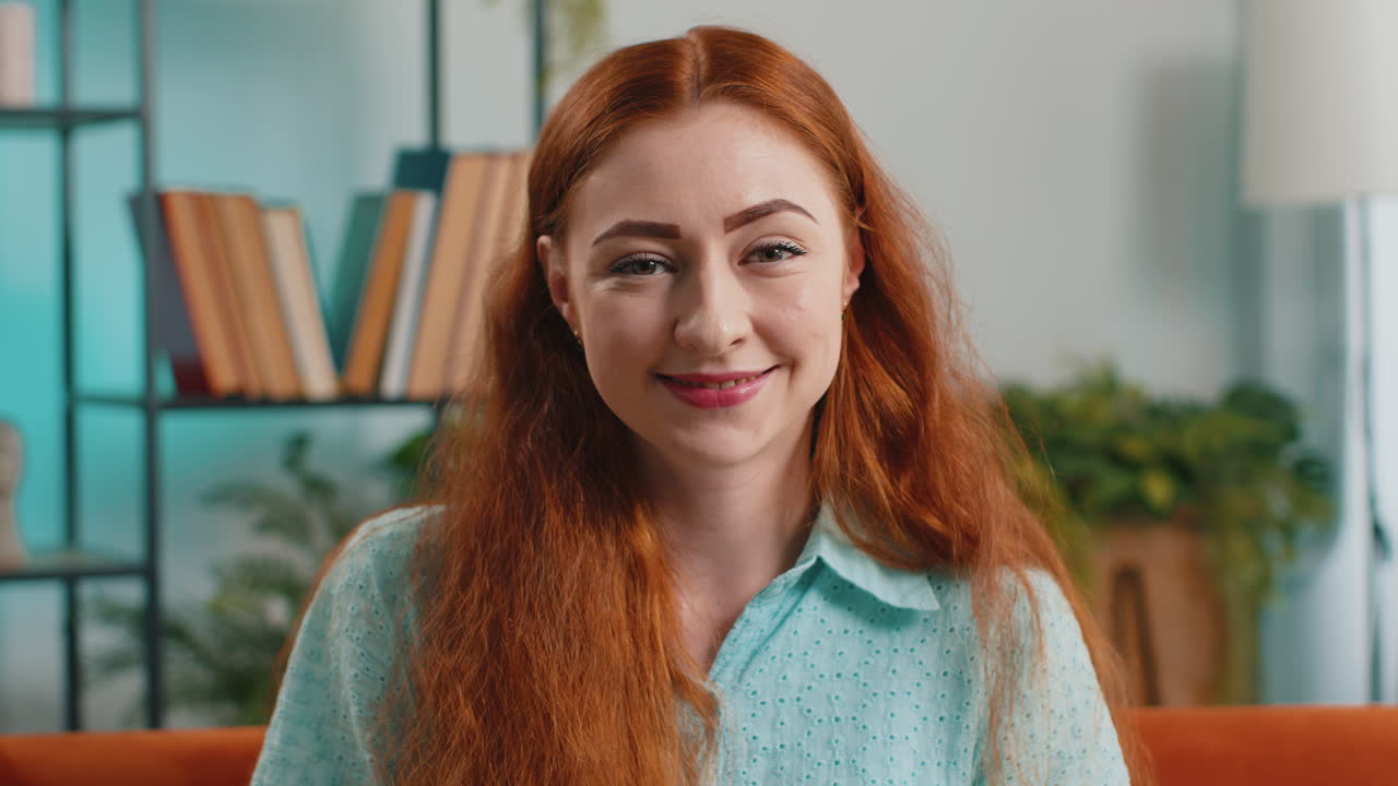 Happy calm woman smiling friendly glad expression feel satisfied concept good news celebrate win