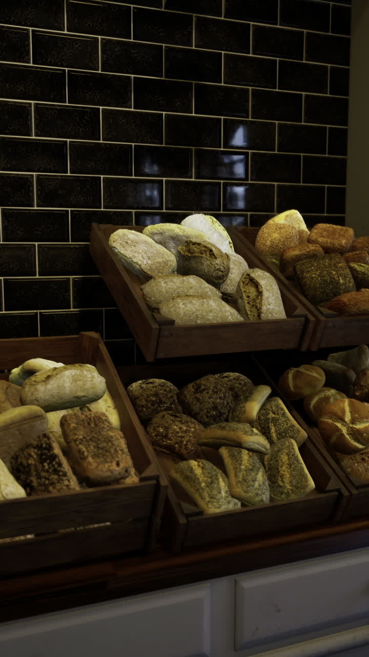 Delicious assortment of freshly baked bread displayed in a cozy bakery