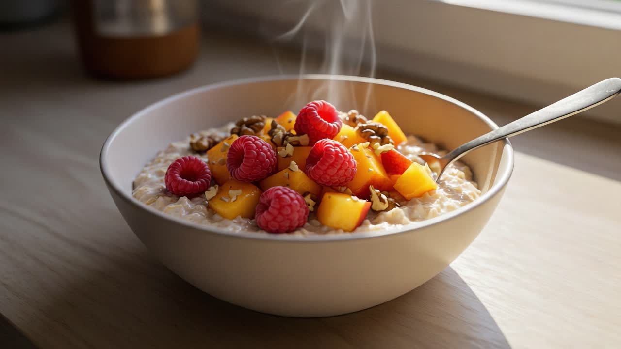 Una deliziosa ciotola di farina d'avena con frutta fresca, frutta secca e un aroma caldo e invitante, perfetta per una colazione nutriente