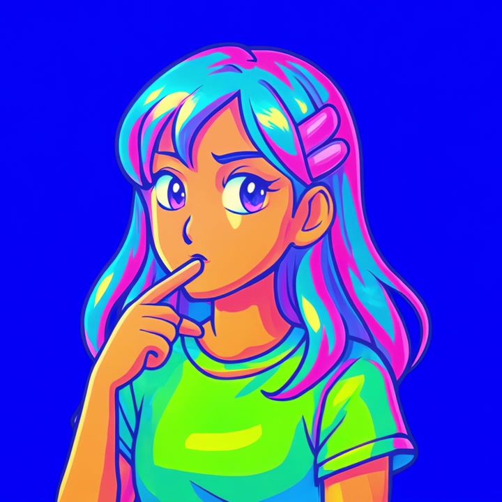 Animeret pige der tænker og taler i levende pop art-stil