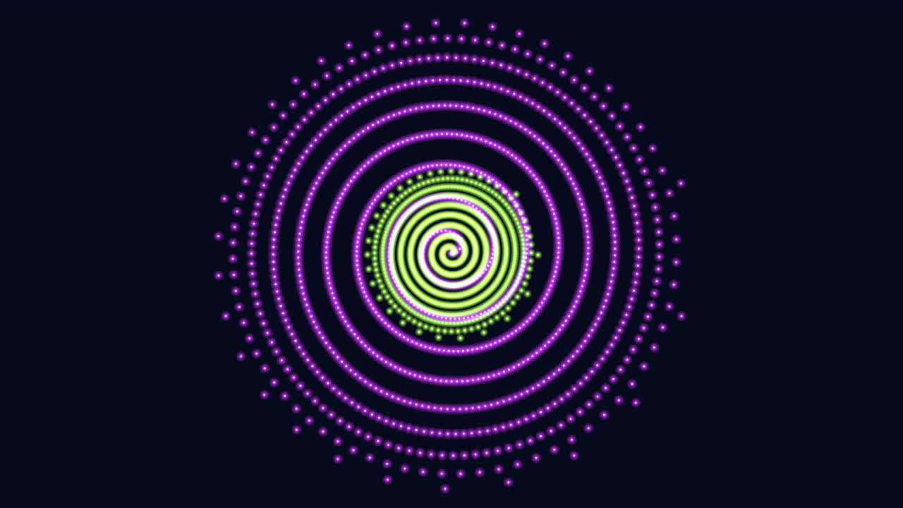 Abstract neon spiral circles made of glowing particles expanding on a dark background. Dynamic hypnotic graphic ideal for music videos, visualizations, stage screens, VJ sets and presentations
