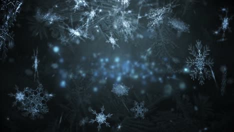 Animation-Von-Weihnachtlichen-Flackernden-Lichtern-Und-Schneeflocken,-Die-Auf-Blauen-Hintergrund-Fallen