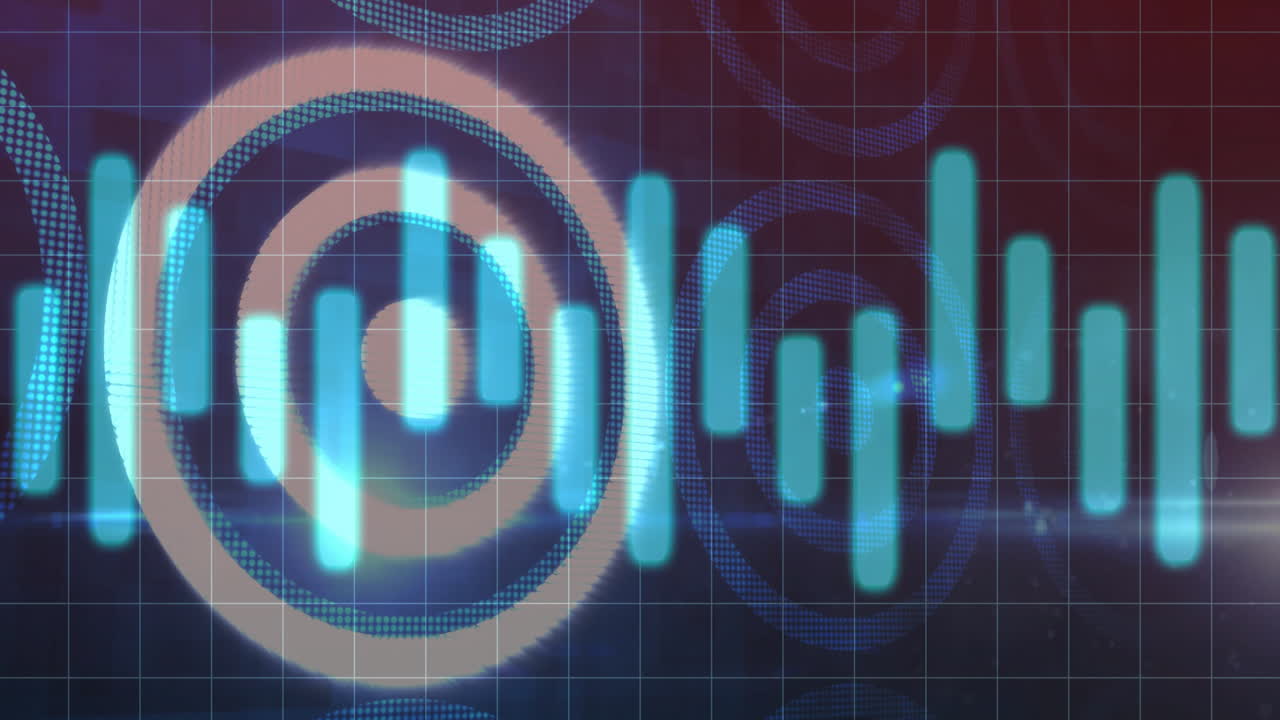 Glowing waveform bars being animated over circles, grid and flare artifacts during UI visualization