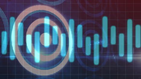 glowing waveform bars being animated over circles, grid and flare artifacts during ui visualization
