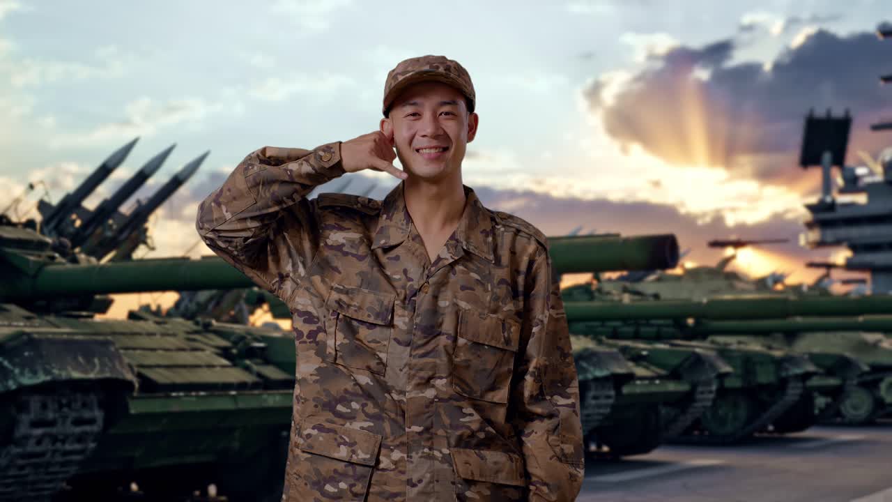 戦車と共に立ち、カメラに向かって笑顔で「電話して」のジェスチャーをするアジア人男性兵士。