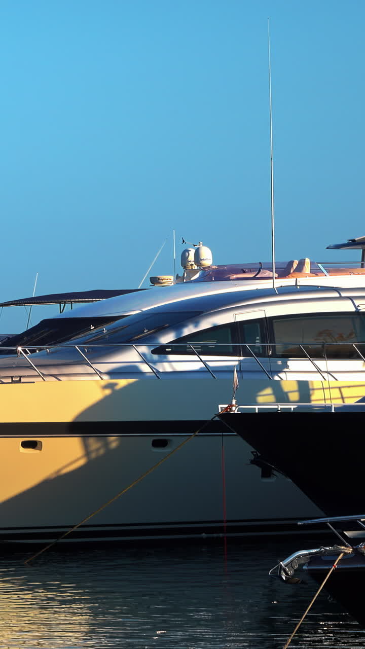 White boat docked in the Port de Cannes in France. Vertical