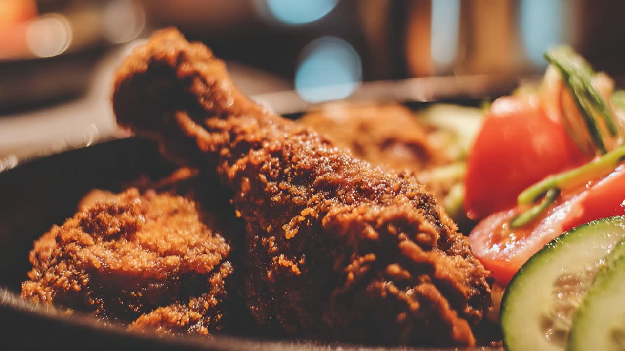 Indulge in Crispy Fried Chicken Drumsticks Served with a Fresh Garden Salad of Sliced Tomatoes and Cucumbers for a Delicious Meal Experience