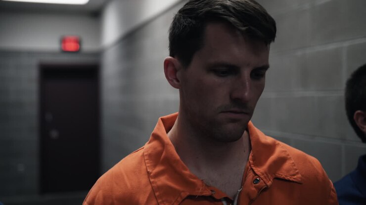 Prison guards leading unhappy, convicted man in prison, prisoner wearing orange jumpsuit in handcuffs, shackles walking to prison cell