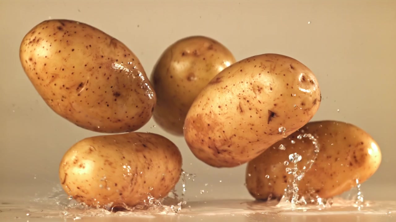 Movimento rallentato di patate fresche che cadono e schizzano acqua