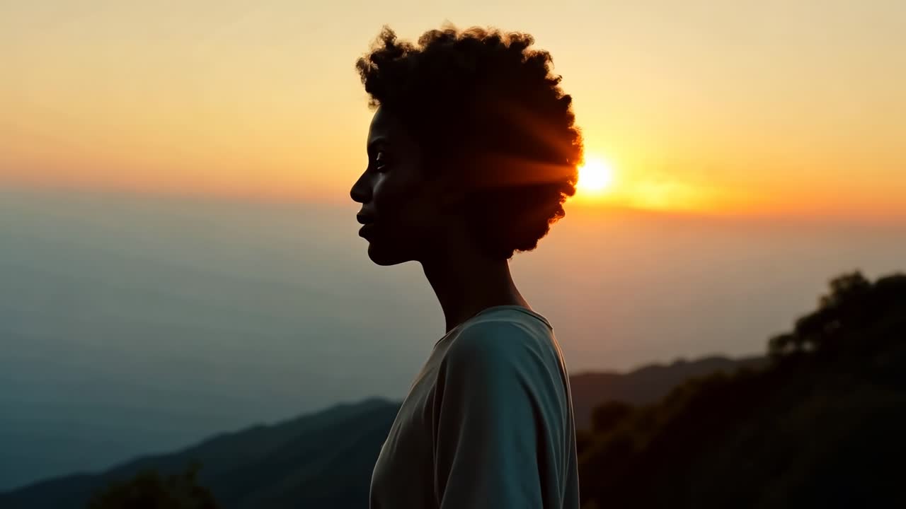 Silueta de una persona al atardecer, vista de perfil. Capturada a la altura de los ojos, evocando una atmósfera serena.