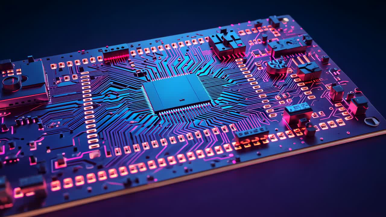 Zooming camera focusing on PCB lying on table, revealing microcontroller and copper traces