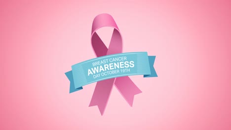 animation of pink ribbon logo and breast cancer text appearing on pink background