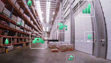 animation of network of eco and environmentally friendly icons over warehouse