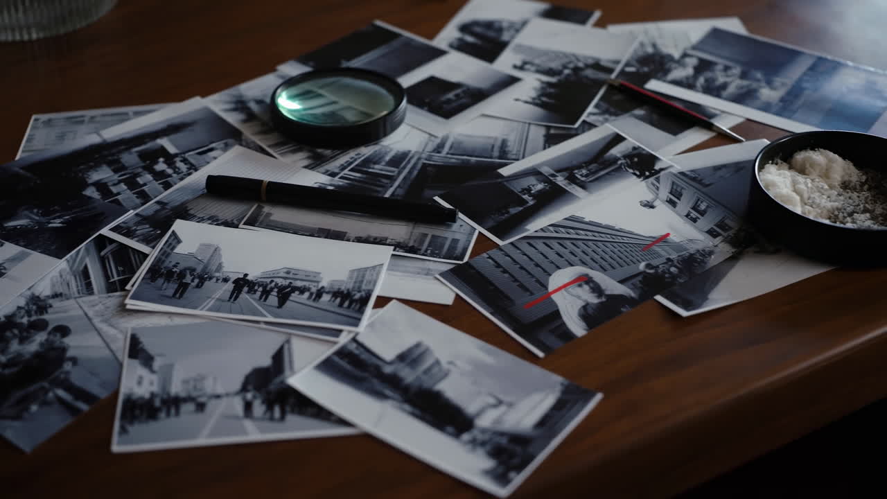 Scattered Monochrome Photographs On Wooden Table, Archivist Studying Prints With Magnifier And Envelope, Low