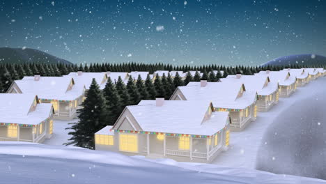 animation of snow falling over over houses in winter scenery