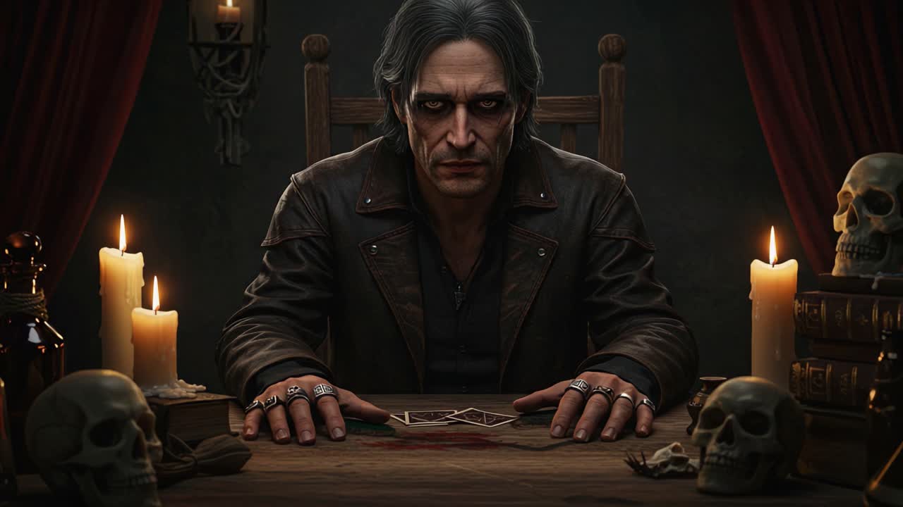 A Mysterious Figure Engaged in Dark Arts at a Candlelit Table Surrounded by Skulls, Reflecting Intrigue and Macabre Atmosphere in a Shadowy Setting