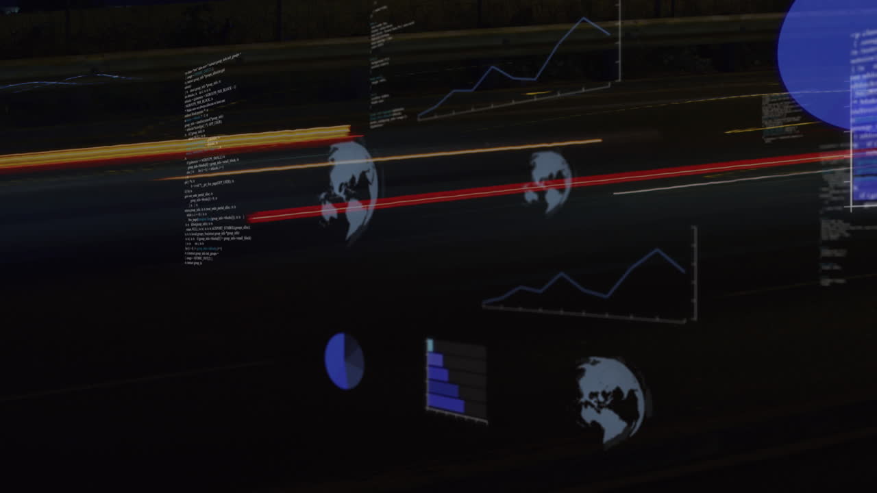 Animation of round scanners and data processing against time-lapse of city traffic at night