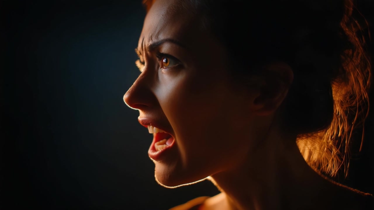 Dramatic close-up of a woman expressing intense emotions, anger visible on her face with strong light highlighting her features against a dark background.