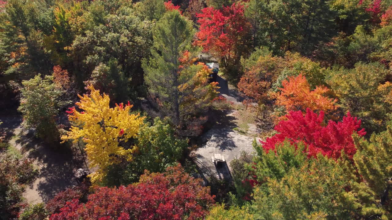 가을 숲 한가운데 있는 오두막의 무인 항공기 보기