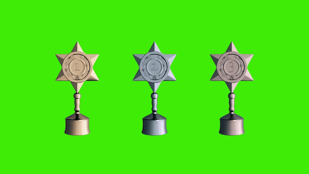 Spinning gold, silver and bronze trophies isolated on green screen