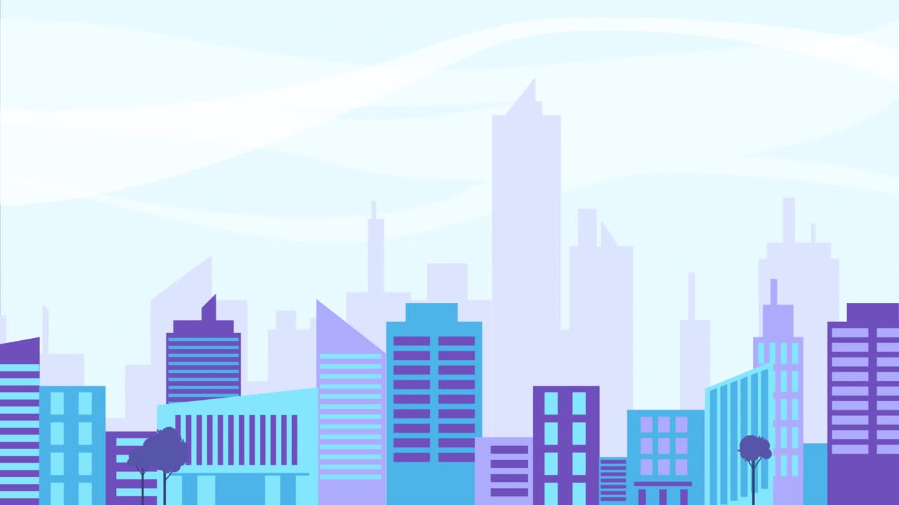 city skyline landscape view, town buildings and skyscrapers, urban cityscape town. Architecture silhouette of downtown. panoramic sight, day time, sky. looped animation with 2d parallax effect.
