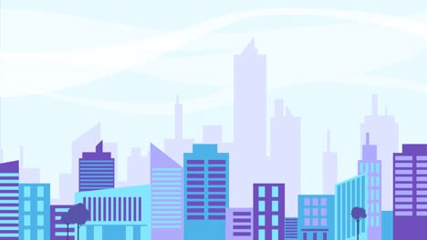 city skyline landscape view, town buildings and skyscrapers, urban cityscape town. architecture silhouette of downtown. panoramic sight, day time, sky. looped animation with 2d parallax effect.