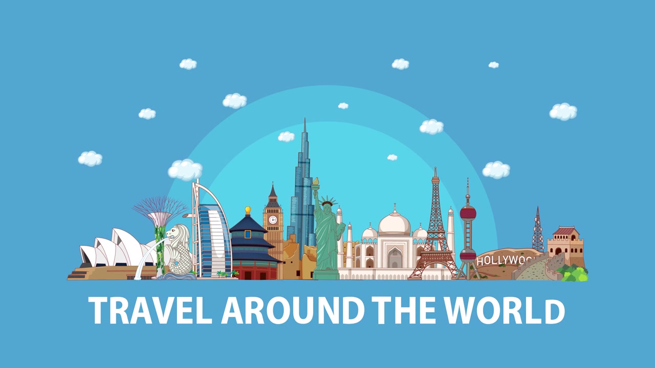 Animated global landmarks assemble on a blue background as dynamic text reveals 'Travel Around the World' in bold, modern typography with smooth transitions and flat design