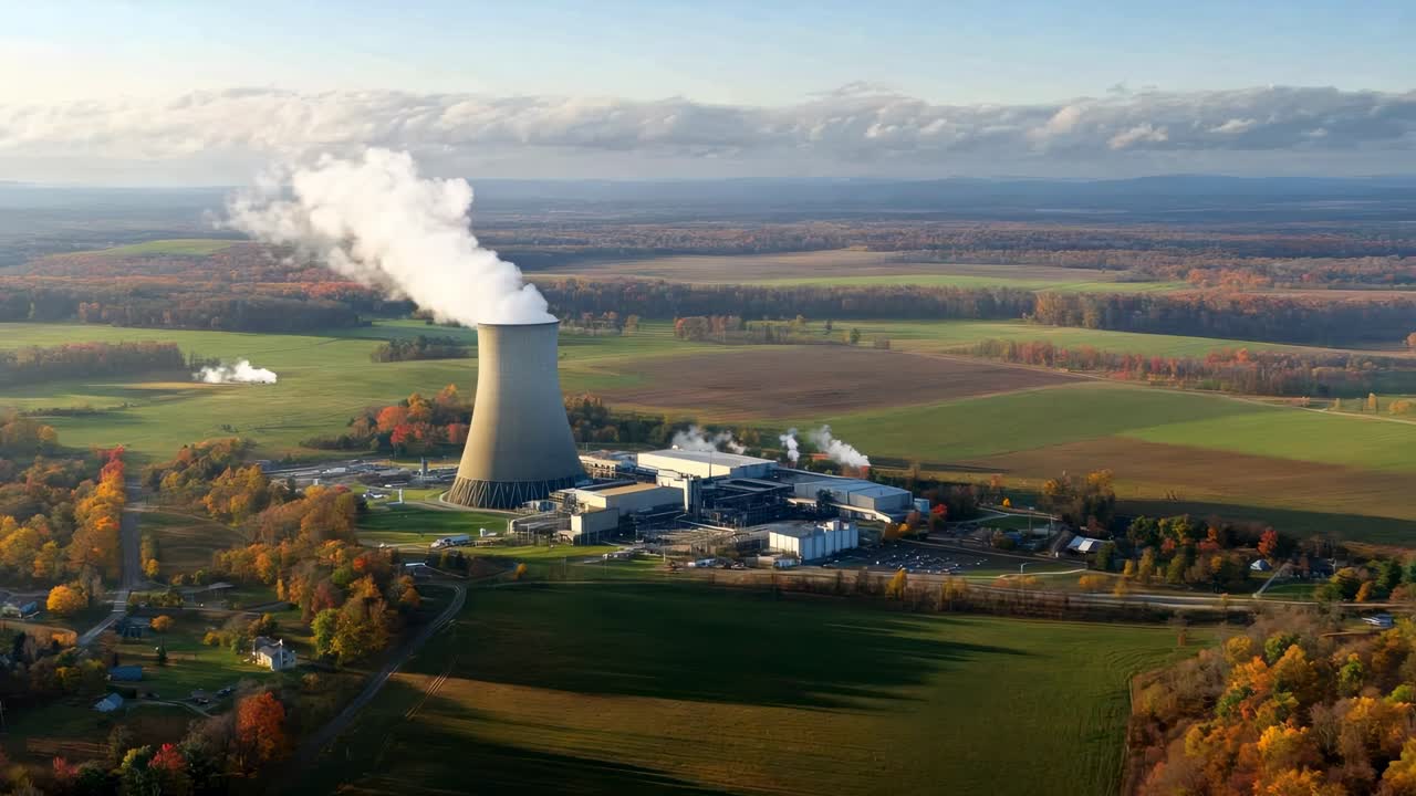 Aerial view of a nuclear power plant surrounded by fields and trees, capturing the cooling tower's