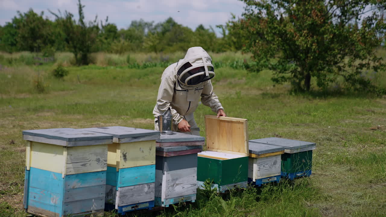 Male beekeeper in protective mask and uniform opens the lid of a hive. Farmer uses metal tools for opening the beehive.