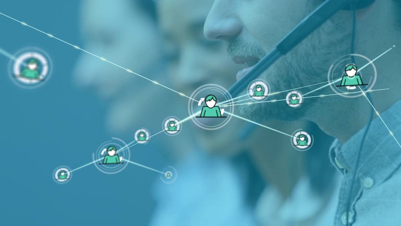 Animation of network of connections over diverse business people using phone headsets