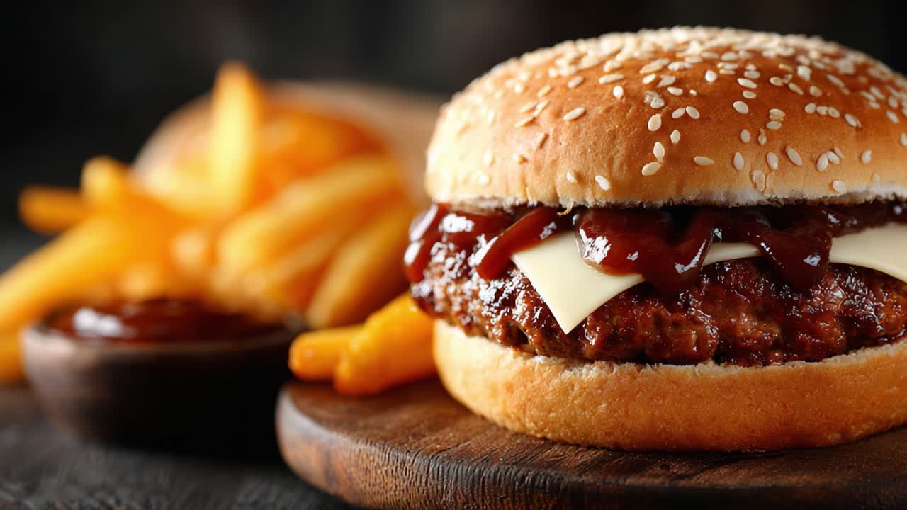 Un hamburger deliziosamente succoso, farcito con salse saporite, strati di formaggio e accompagnato da croccanti patatine fritte dorate su un rustico piatto di legno